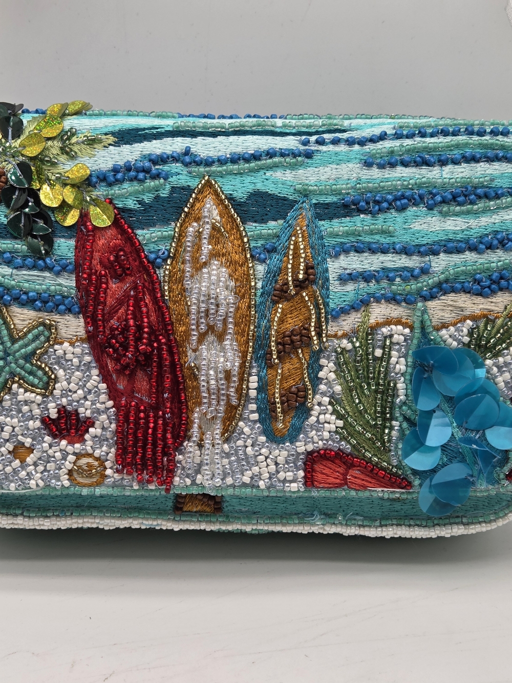 NWT Handmade Beaded Tropical Beach Shoulder Bag Purse Palm Tree Surfboards India